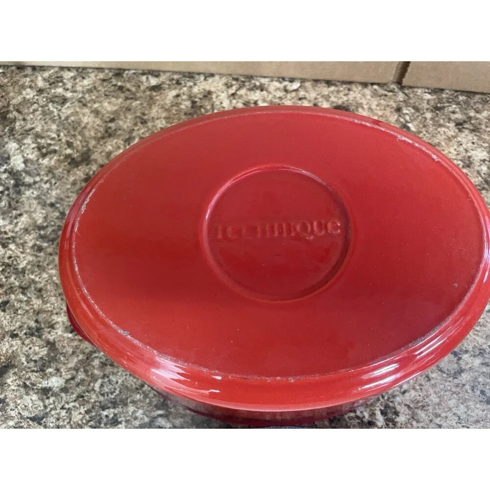 Vintage Red Enamel Cast Iron Dutch oven with Lid Double Handle